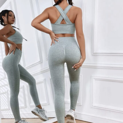 Ensemble de sport sans couture croisé taille haute / Vert céladon – Image 6