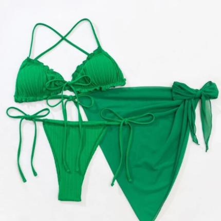 3 pièces Bikini à ruché à fronces & Jupe de plage / Vert – Image 3