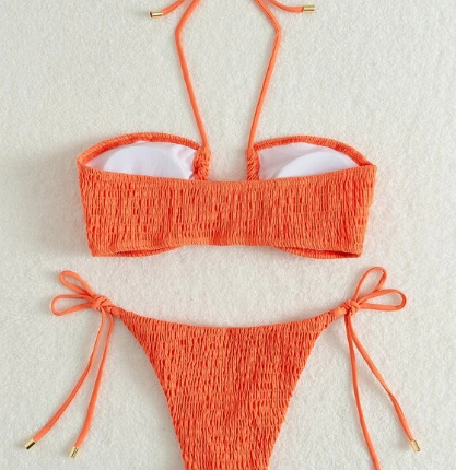 Bikini unicolore froncé à nœud / Orange – Image 2