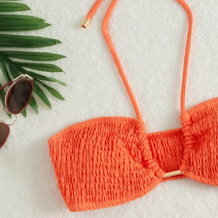Bikini unicolore froncé à nœud / Orange – Image 3