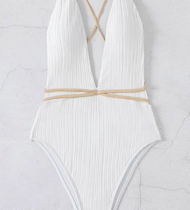 Maillot de bain une pièce unicolore côtelé à lacets plongeant – Image 4
