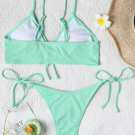 Bikini unicolore côtelé à cordon/ Bleu Lagon – Image 2