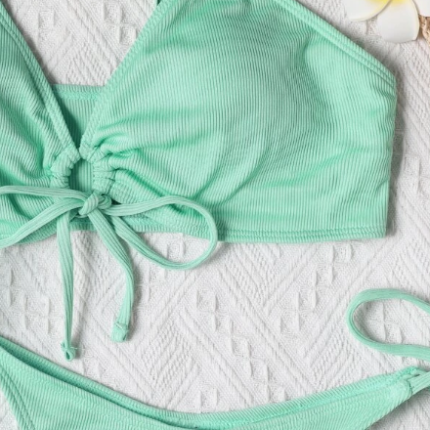 Bikini unicolore côtelé à cordon/ Bleu Lagon – Image 4