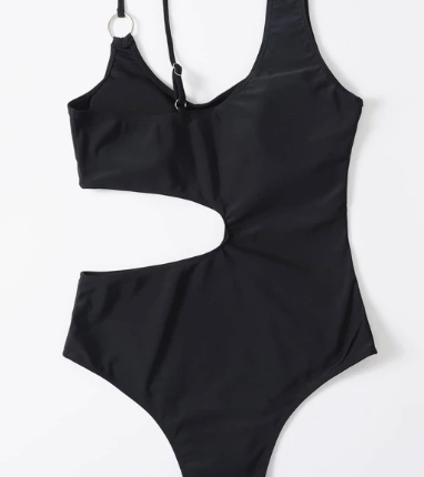Maillot de bain une pièce unicolore découpe à lien anneau – Image 3