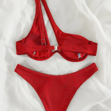 Bikini asymétrique côtelé avec découpe / Rouge – Image 2