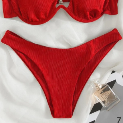 Bikini asymétrique côtelé avec découpe / Rouge – Image 4
