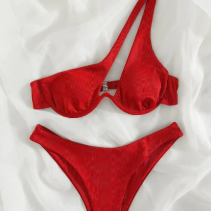 Bikini asymétrique côtelé avec découpe / Rouge – Image 5