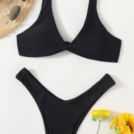 Bikini unicolore à nœud / Noir – Image 3